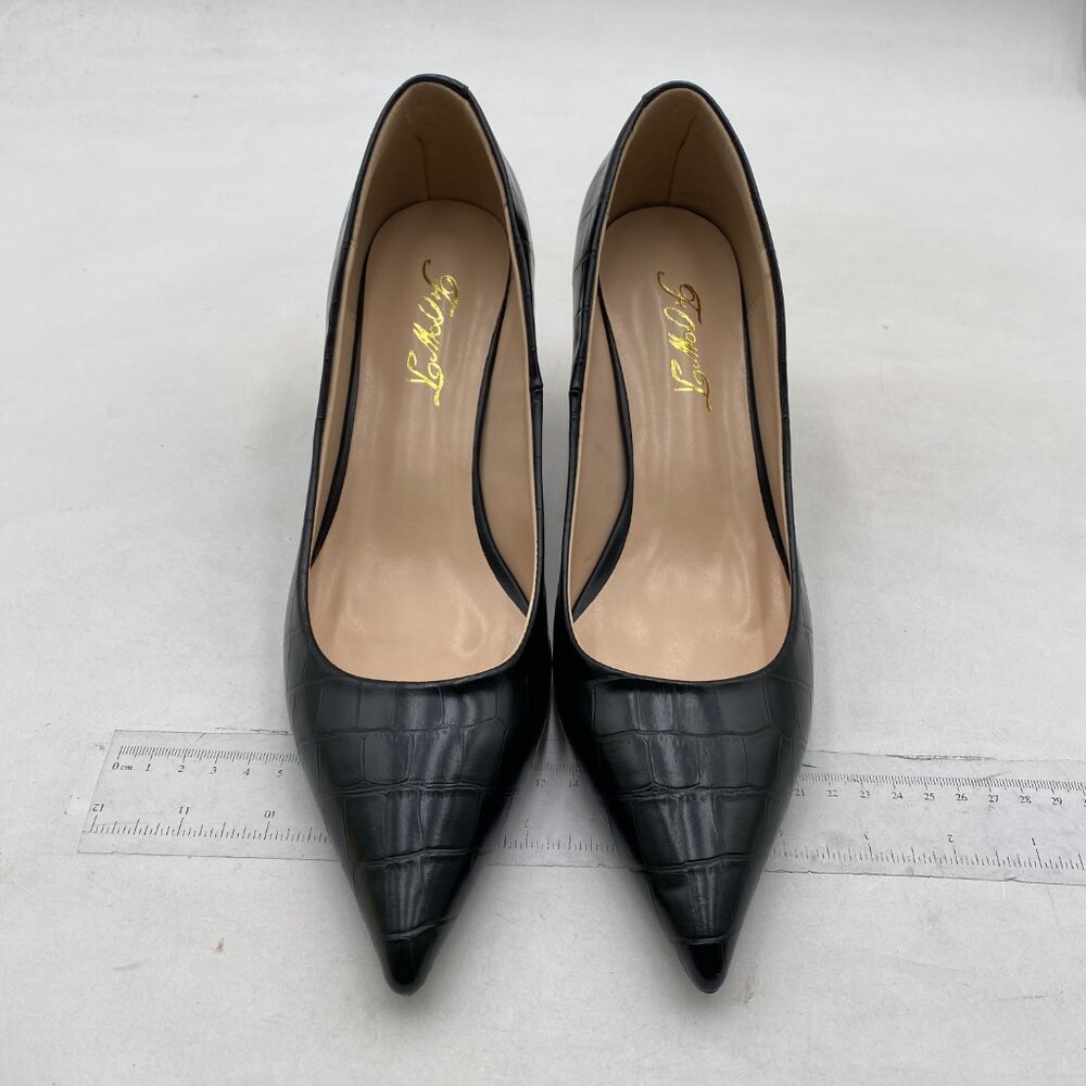 Fowt Simple Solid Croc-Embossed Pointed Toe Black… - image 3